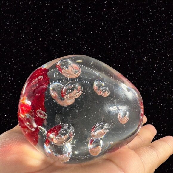 Vintage Art Glass Paperweight Red Bottom With Clear Large Air Bubbles Swirls - Picture 10 of 14